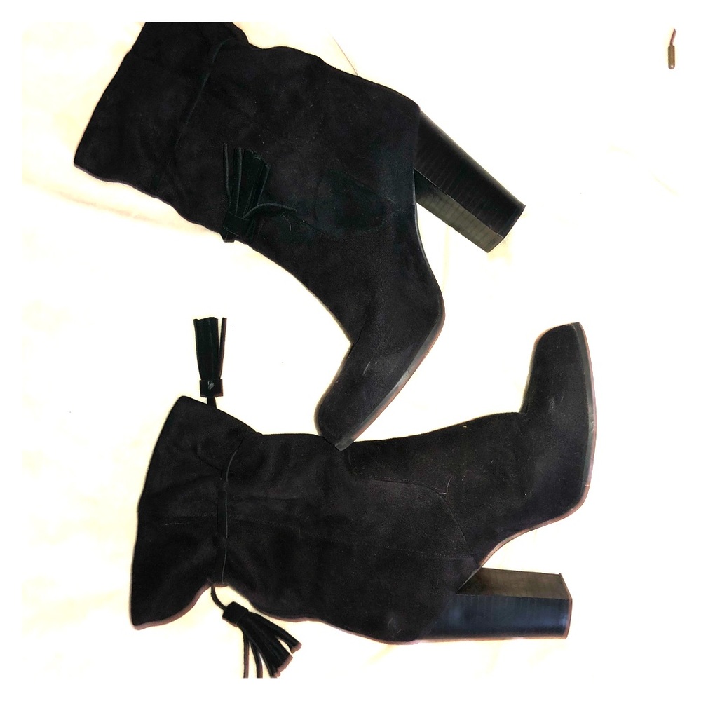 Black suede Mid Calf Heeled Boots